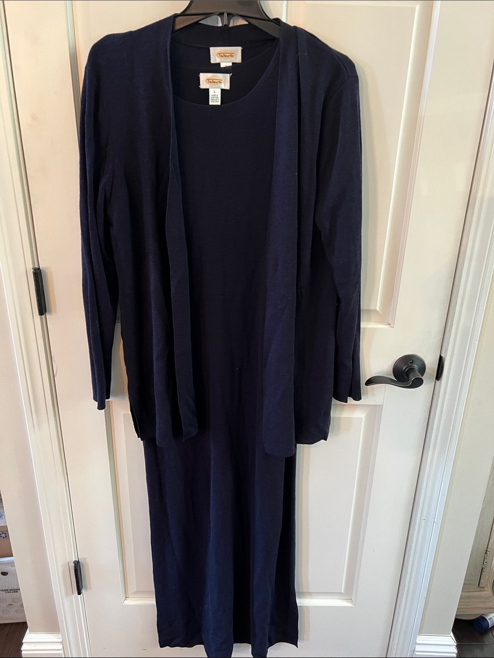 Vintage Talbots L Navy Maxi Dress Matching Cardigan Wool Blend Minimalist Luxury